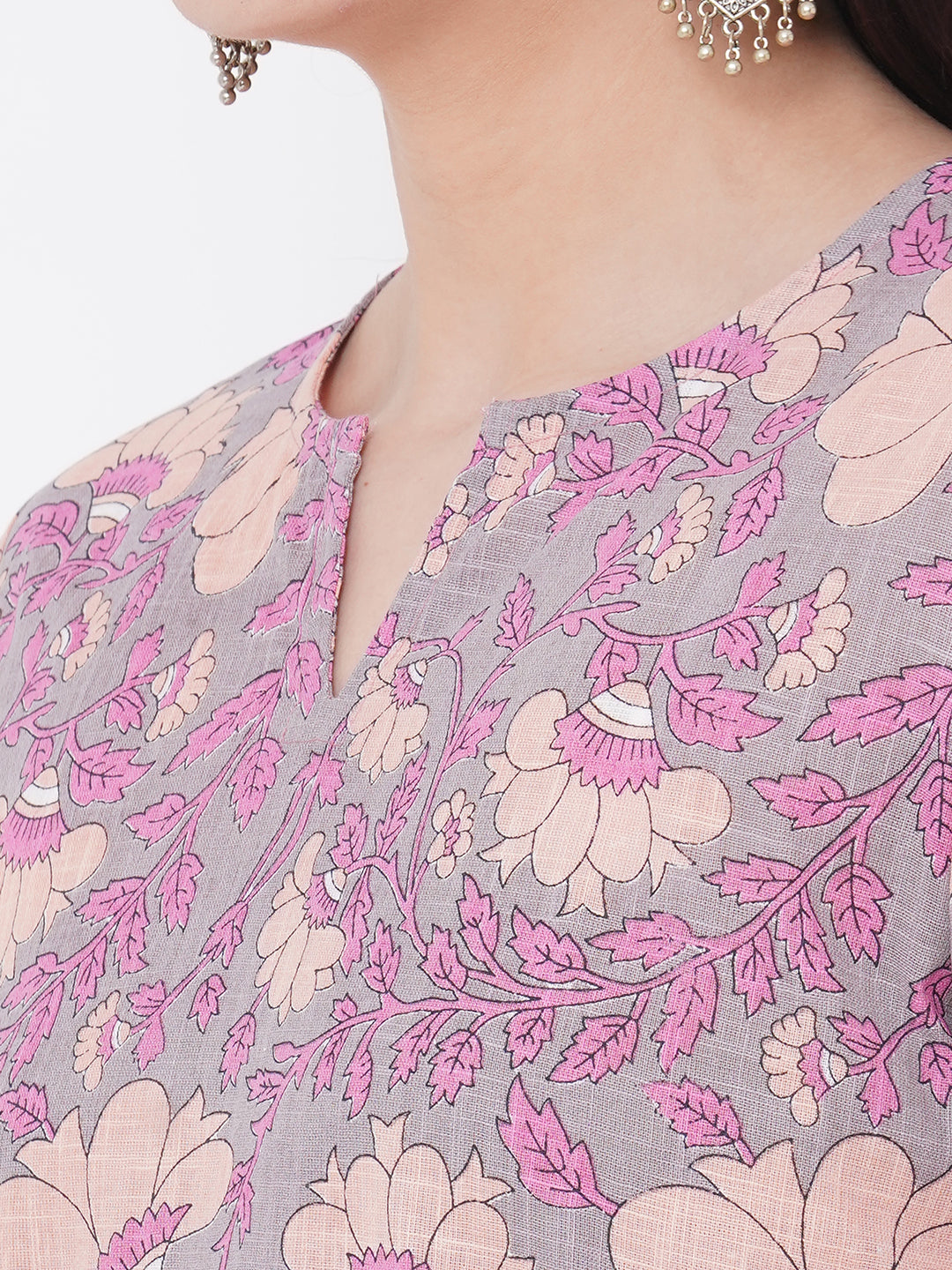 Grey & Pink Floral Printed Straight Kurta