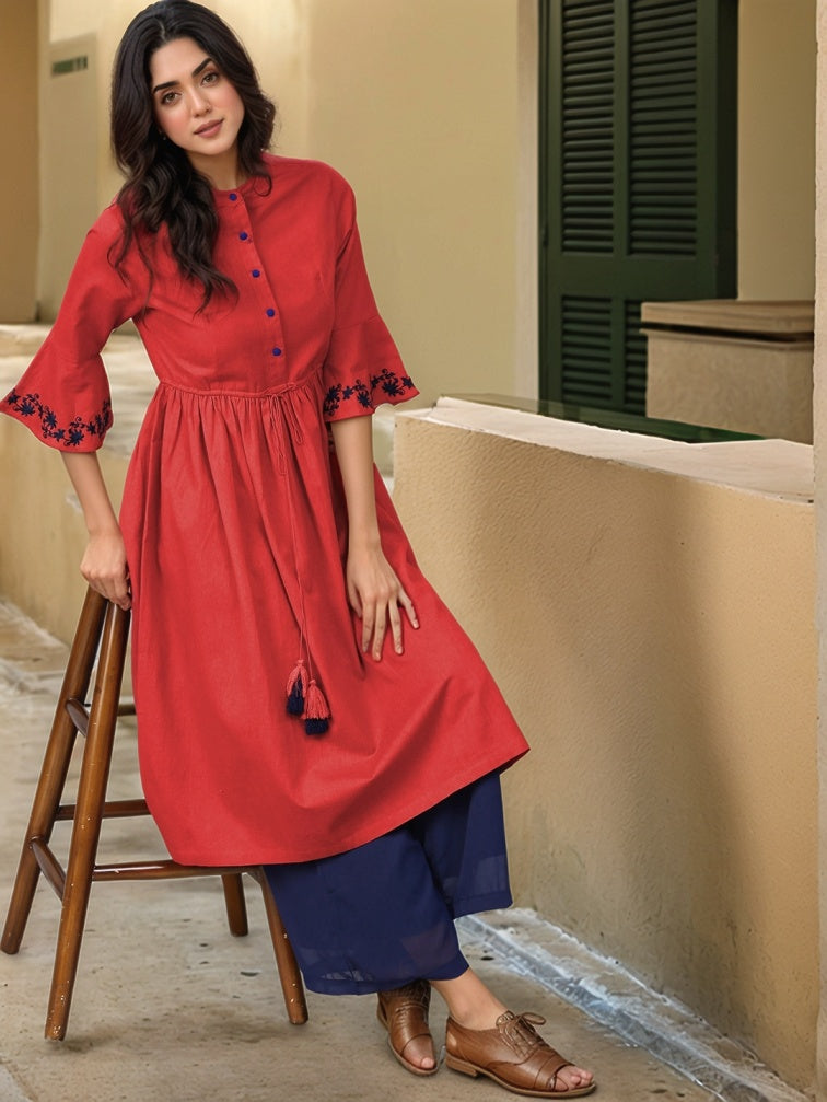 Red & Navy Blue Ethnic Motifs Embroidered Kurta