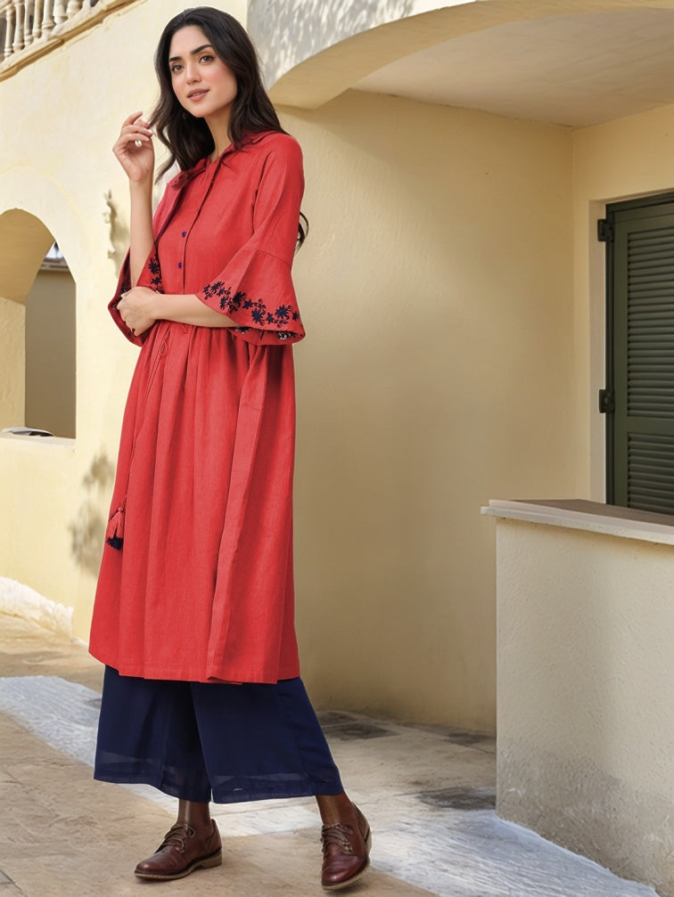 Red & Navy Blue Ethnic Motifs Embroidered Kurta