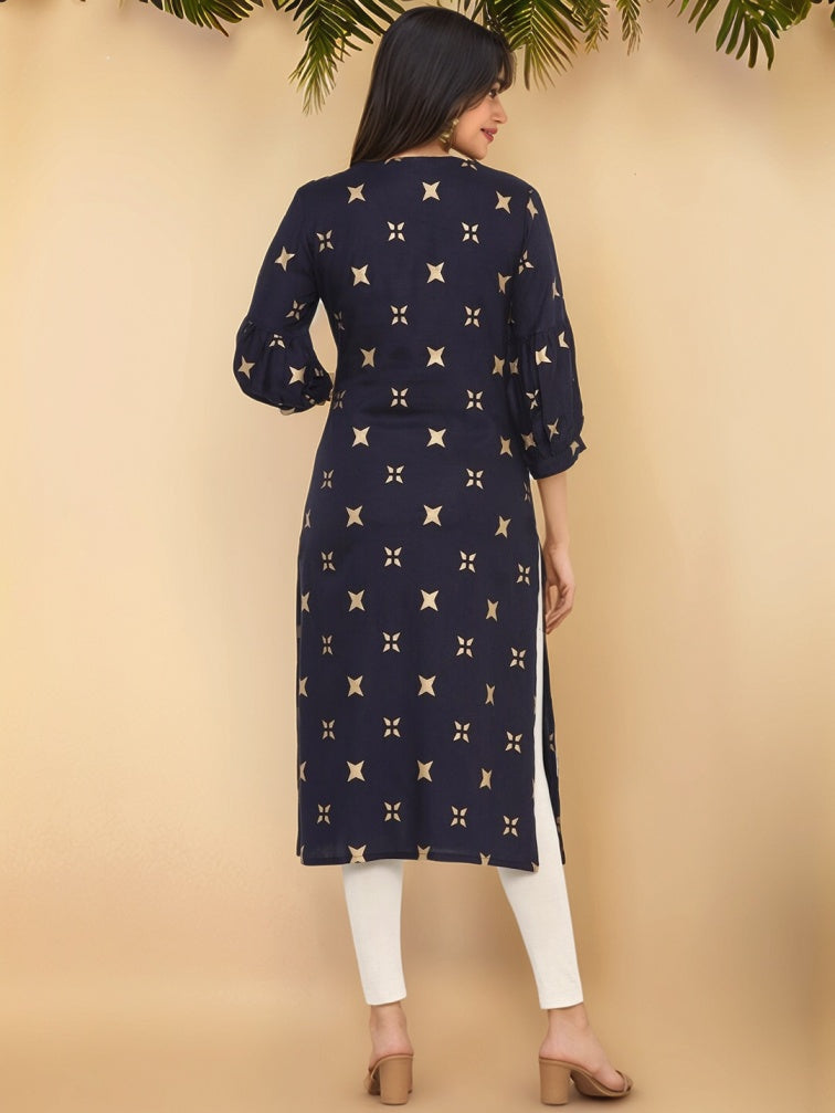 Blue & Gold-Toned Geometric Printed Straight Kurta