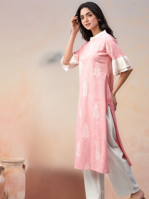 Pink & White Printed Straight Kurta
