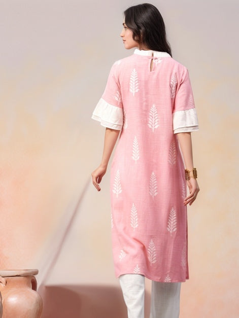 Pink & White Printed Straight Kurta