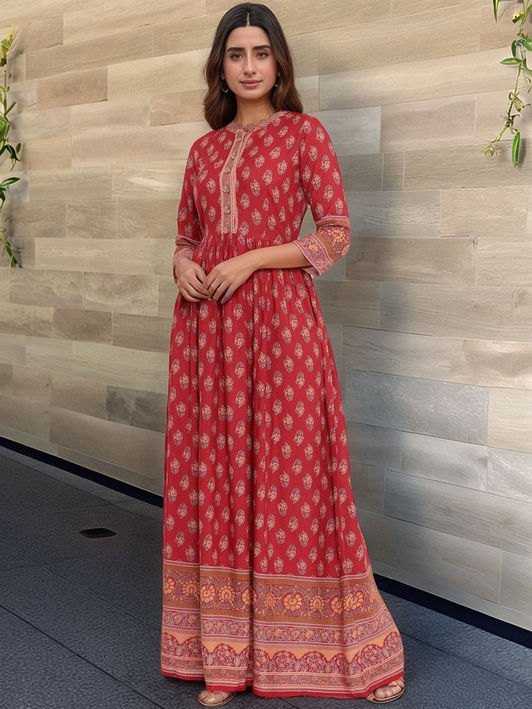 Maroon & Coral Floral Printed Anarkali Viscose Rayon Kurta