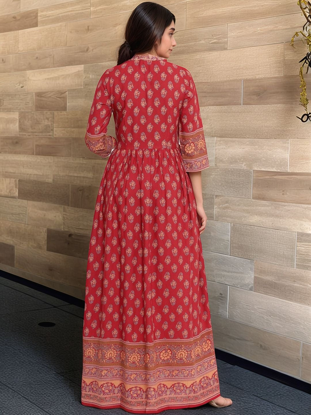 Maroon & Coral Floral Printed Anarkali Viscose Rayon Kurta