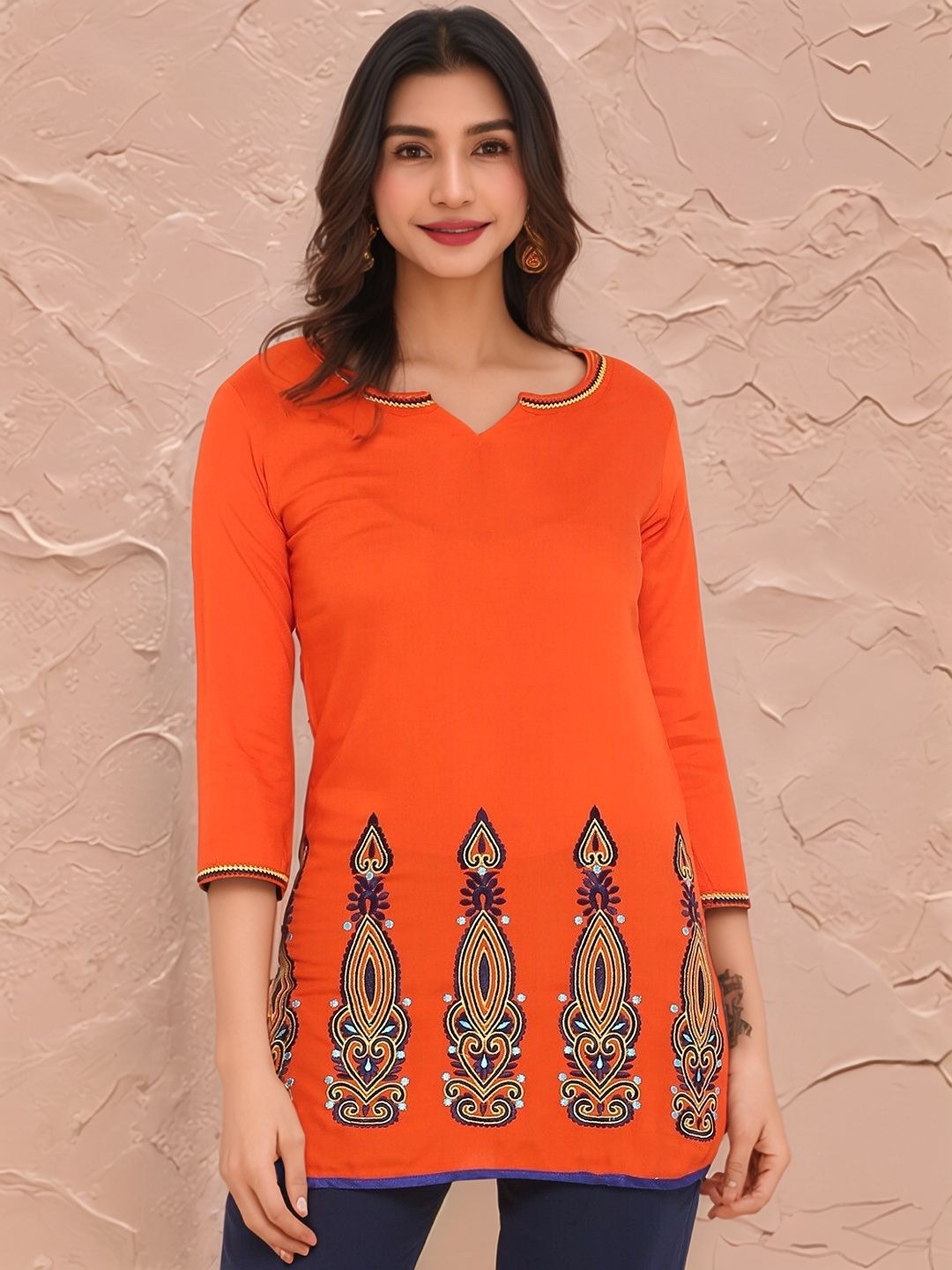Orange & Purple Embroidered Straight Kurti