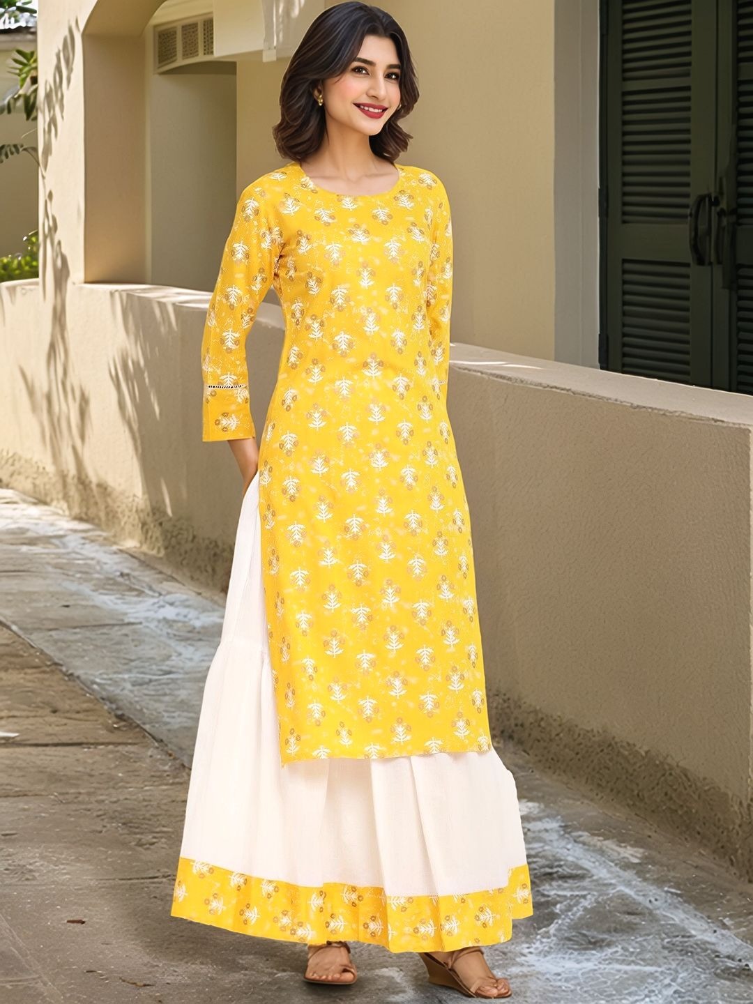 Mustard Yellow & White Floral Screen Printed Kurta with Skirt