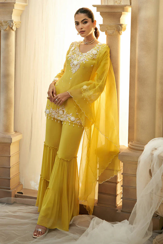Yellow Embellished Tunic and Flared Trouser Set with Dupatta