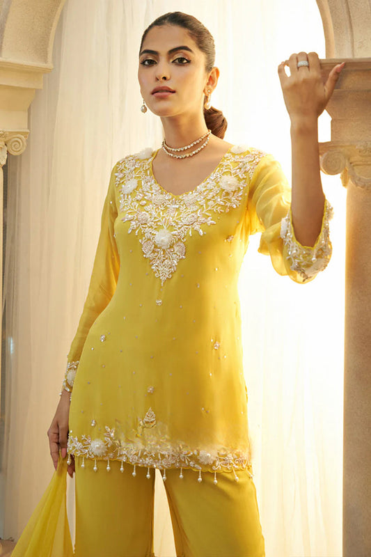 Yellow Embellished Tunic and Flared Trouser Set with Dupatta