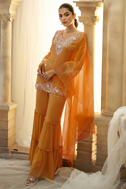 Orange Embellished Tunic and Flared Trouser Set with Dupatta