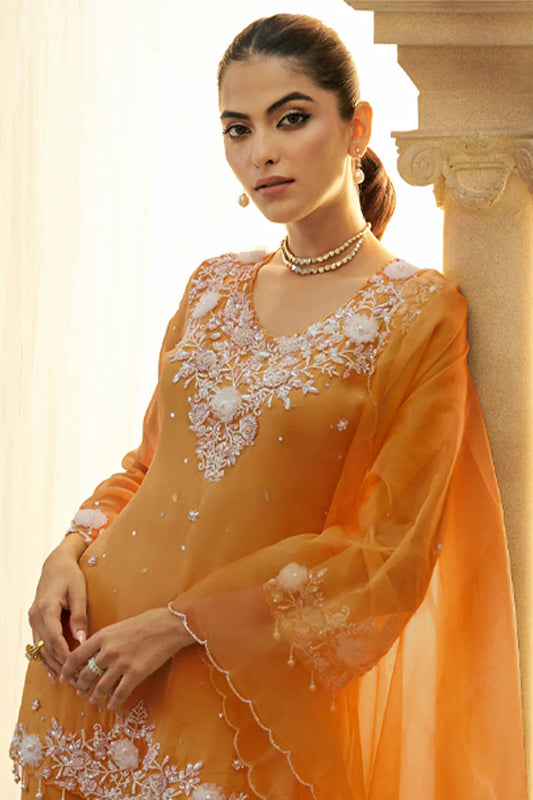 Orange Embellished Tunic and Flared Trouser Set with Dupatta