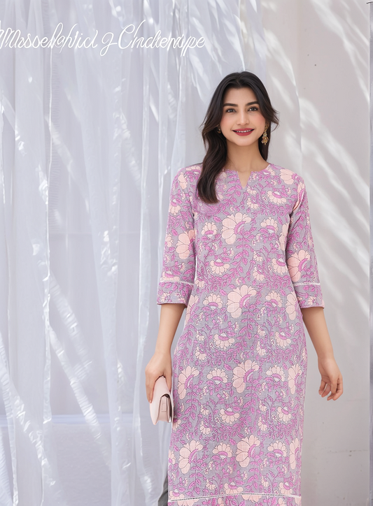 Grey & Pink Floral Printed Straight Kurta