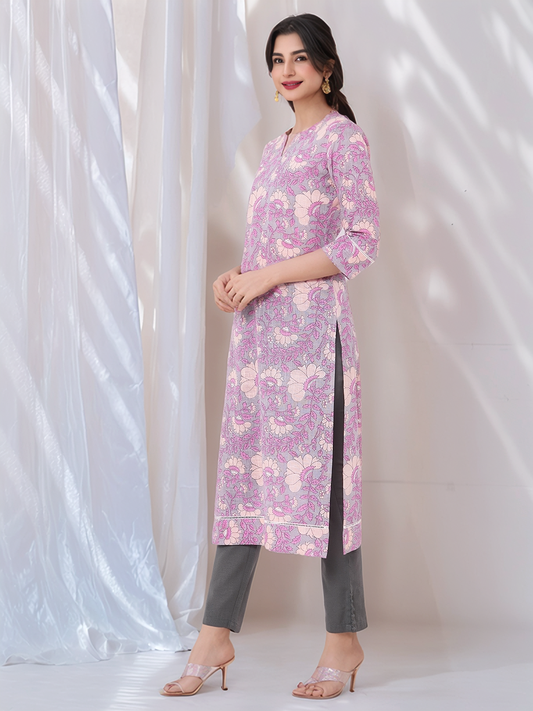 Grey & Pink Floral Printed Straight Kurta