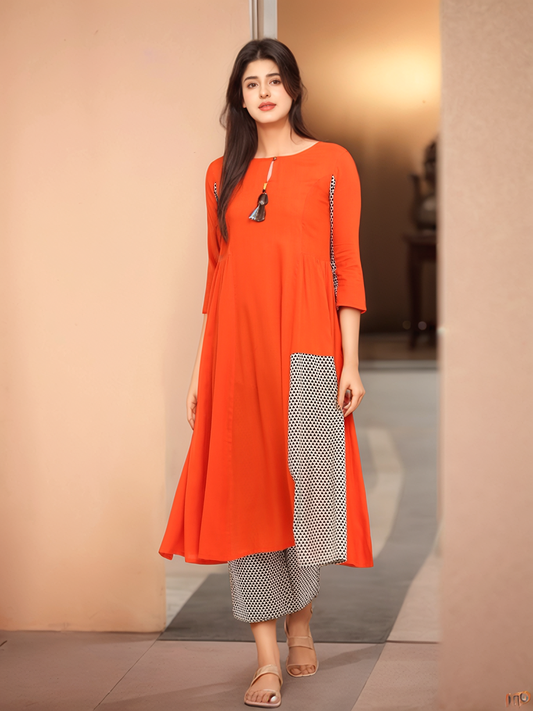Orange & Black Colour blocked Kurta