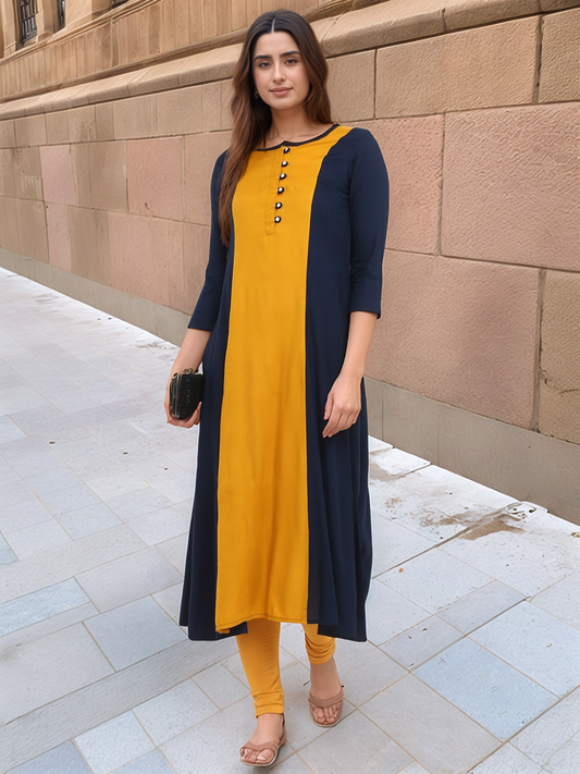 Mustard Yellow & Navy Blue Colourblocked A-Line Kurta