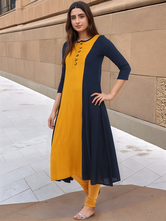 Mustard Yellow & Navy Blue Colourblocked A-Line Kurta
