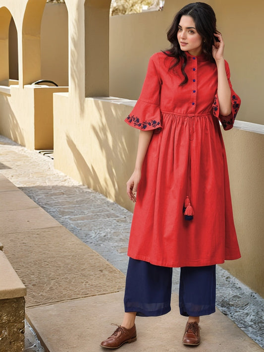 Red & Navy Blue Ethnic Motifs Embroidered Kurta