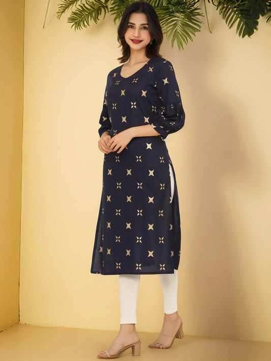 Blue & Gold-Toned Geometric Printed Straight Kurta