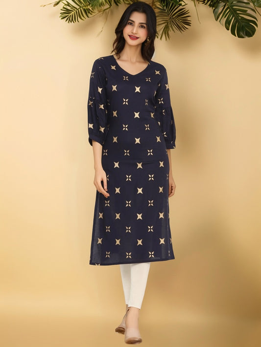 Blue & Gold-Toned Geometric Printed Straight Kurta