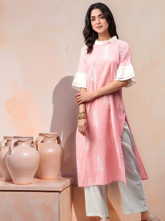 Pink & White Printed Straight Kurta