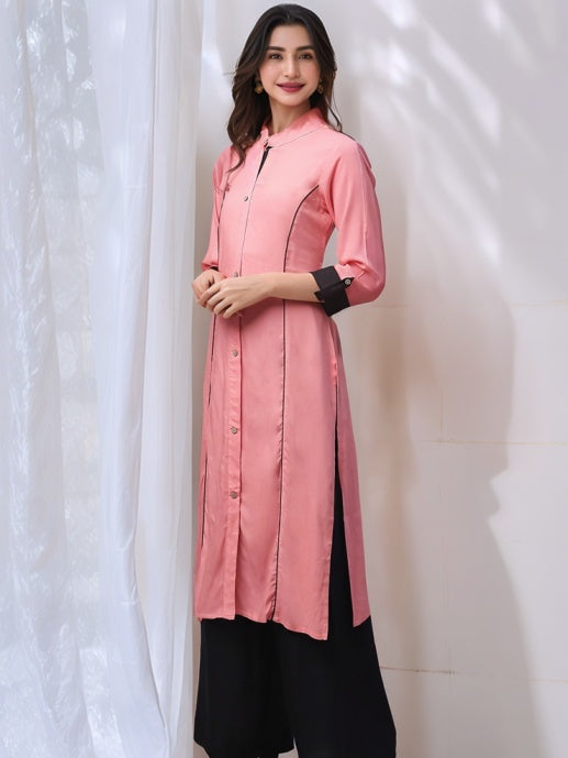 Coral Pink Solid Straight Kurta