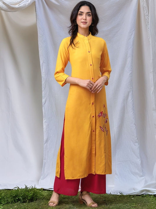Yellow Solid Straight Kurta with Embroidered Detail