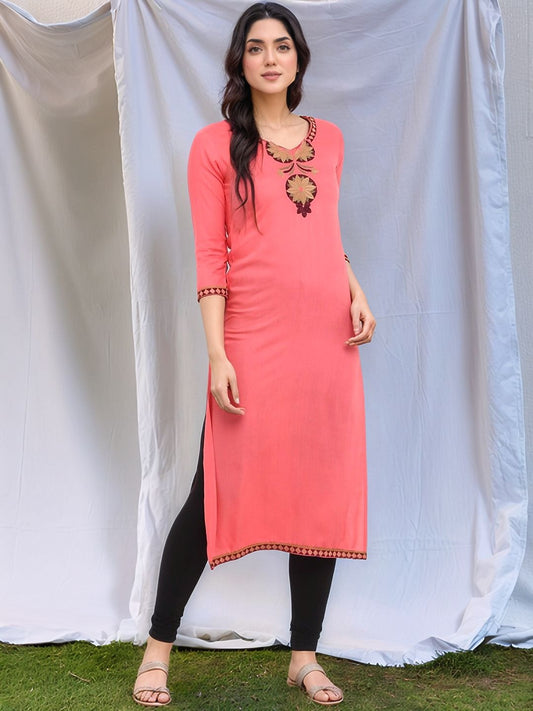Peach-Coloured Embroidered Straight Kurta