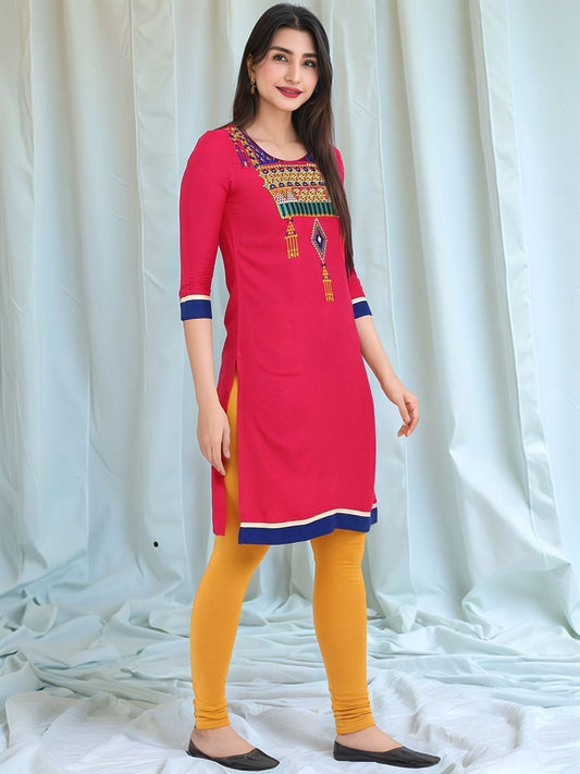 Pink & Navy Blue Yoke Design Straight Kurta