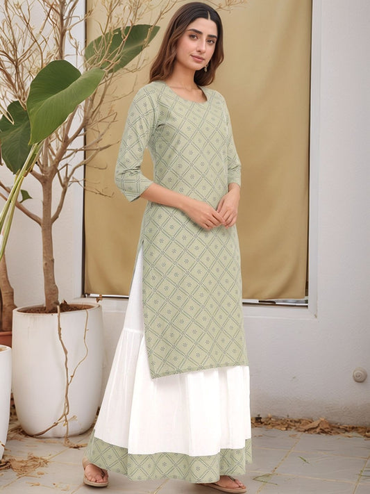 Green Bandhani Printed Pure Cotton Kurta with Skirt