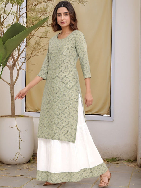 Green Bandhani Printed Pure Cotton Kurta with Skirt