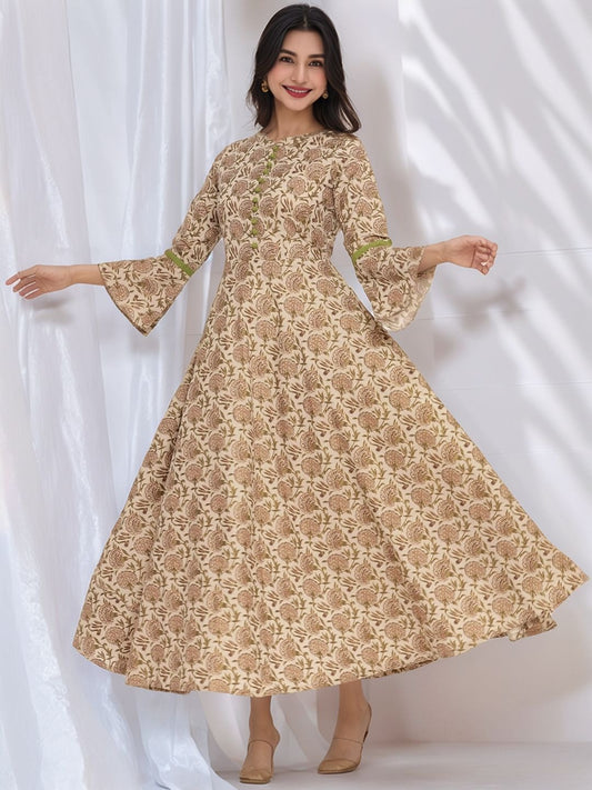 Beige Ethnic Motifs Printed Flared Sleeves Pure Cotton Anarkali