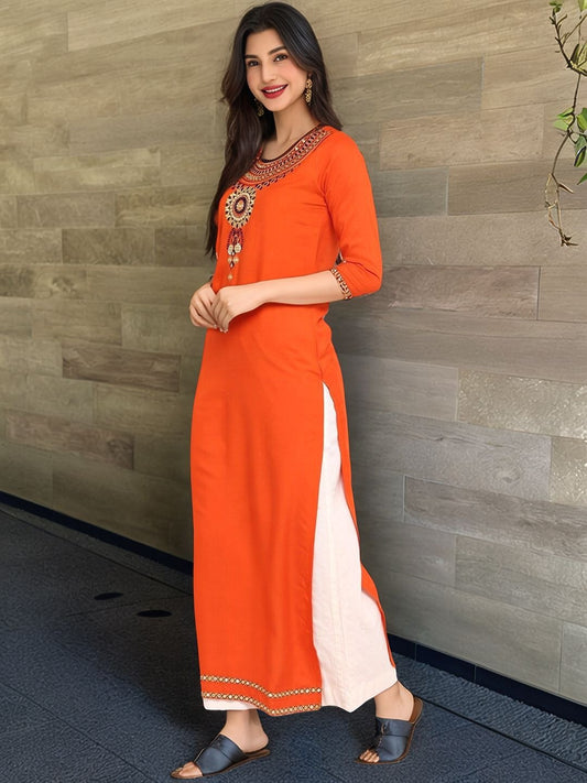 Orange & Black Yoke Design Straight Kurta