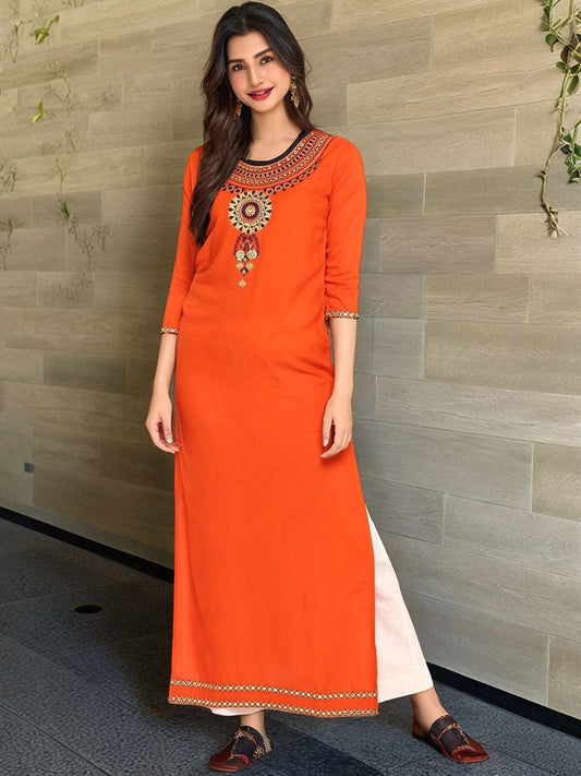 Orange & Black Yoke Design Straight Kurta