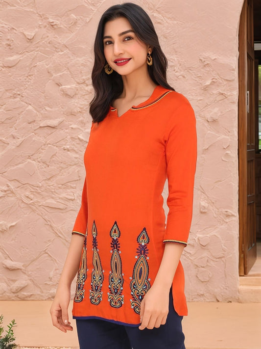 Orange & Purple Embroidered Straight Kurti