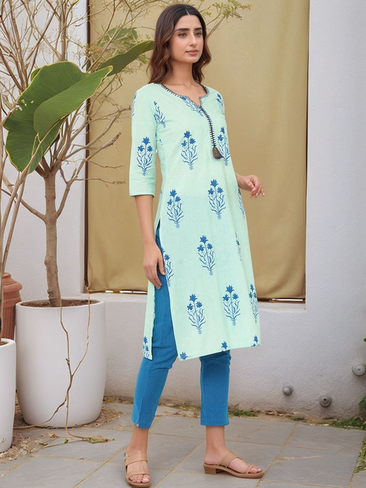 Blue Printed Kurta with Trousers