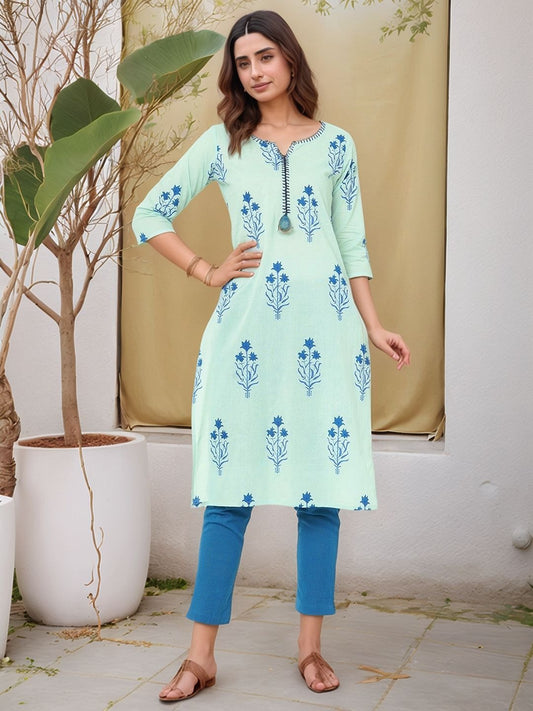 Blue Printed Kurta with Trousers