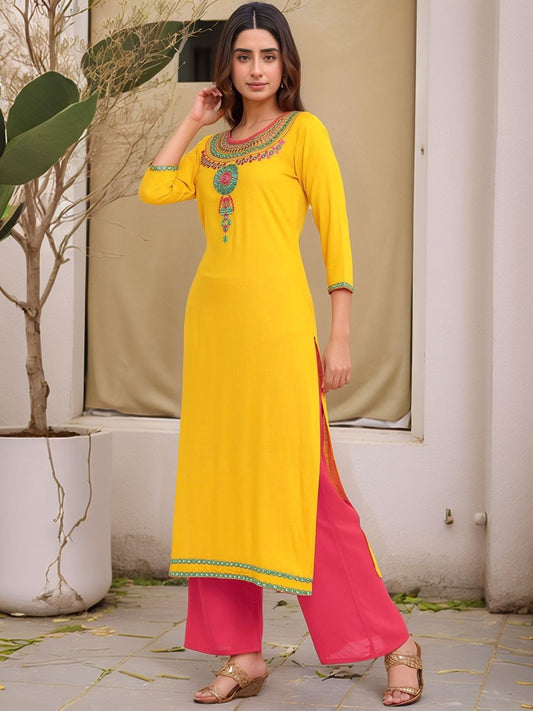 Mustard Embroidered Straight Kurta