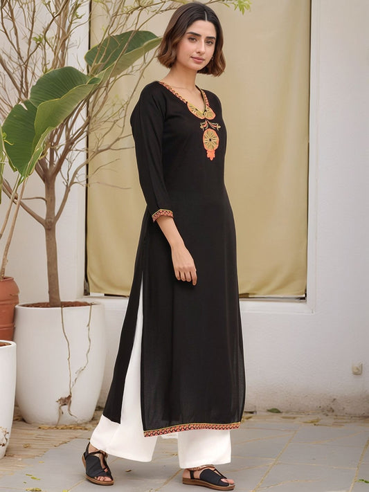 Black Yoke Embroidered Straight Kurta