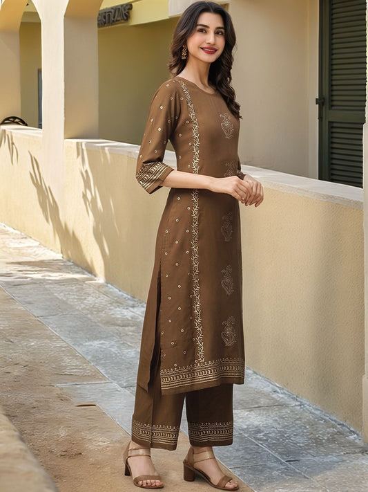 Olive Brown & Golden Block Print Kurta with Palazzos