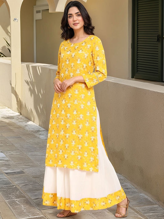 Mustard Yellow & White Floral Screen Printed Kurta with Skirt